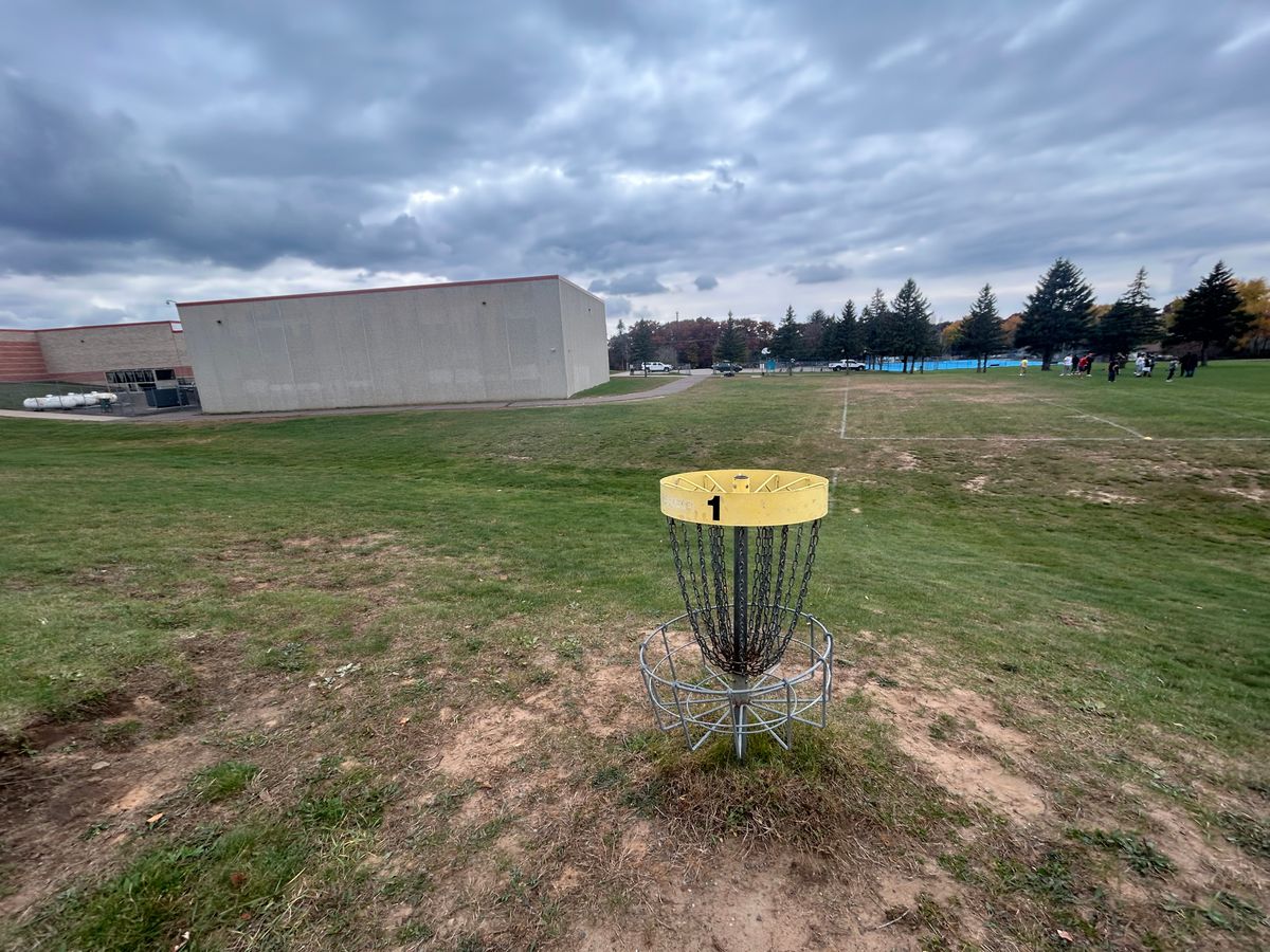 Hole 1 basket looking back towards tee area