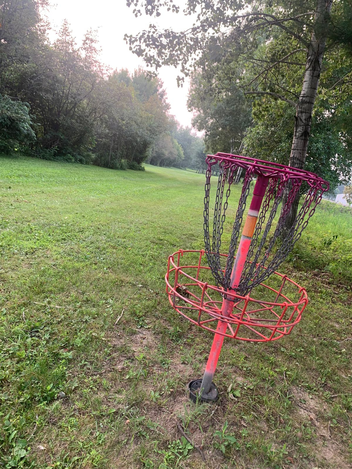 View of hole 17 basket looking back at the tee