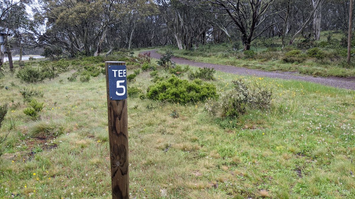 5th tee on left side of trail. Hole turns continuously to the right.