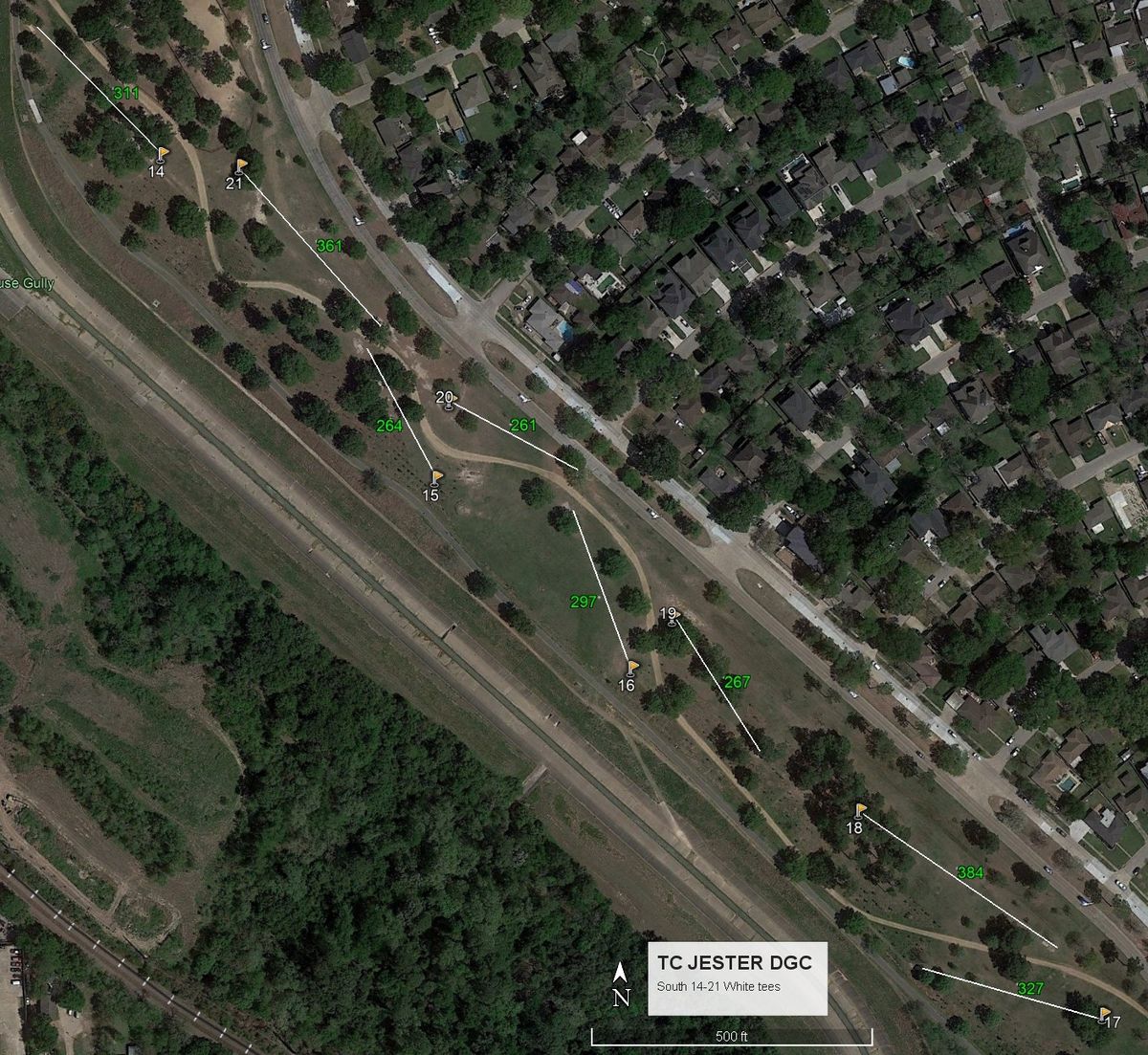 Map for holes 14 through 21 on the South side of the parking lot