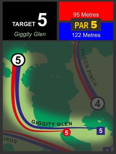 Target #5: long open hole with dogleg right turn. Get your 1st shot through gap and your in the open
