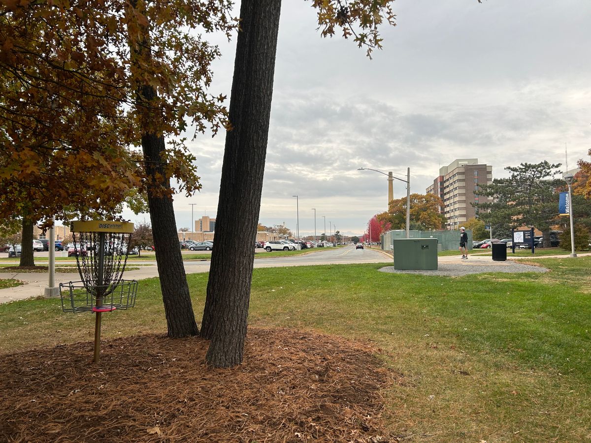 Hole 6 basket with school in background