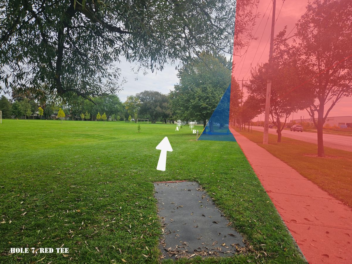 Hole 7 Red Tee, Mando is left of guide wire re-tee if missed.