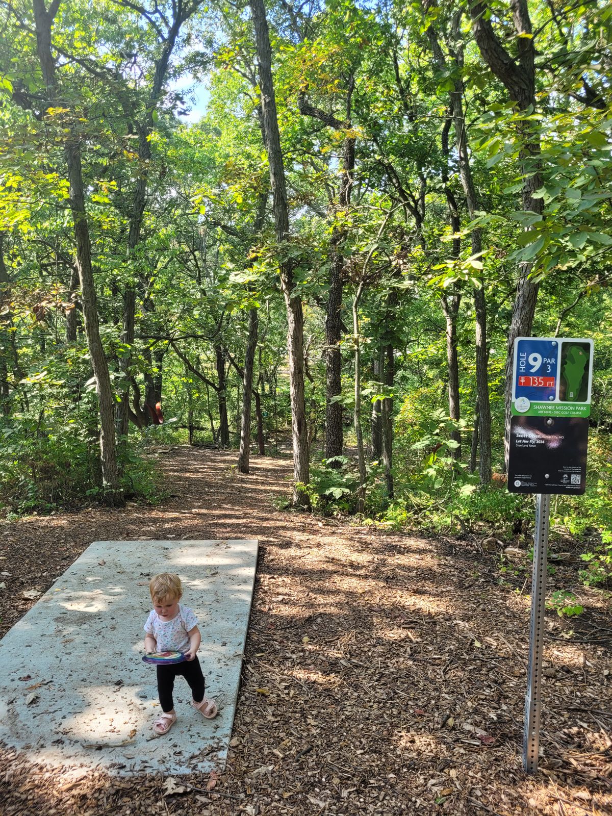 Hole 9 - downhill with trees in way, not handicap friendly. Cross creek stones for exit.