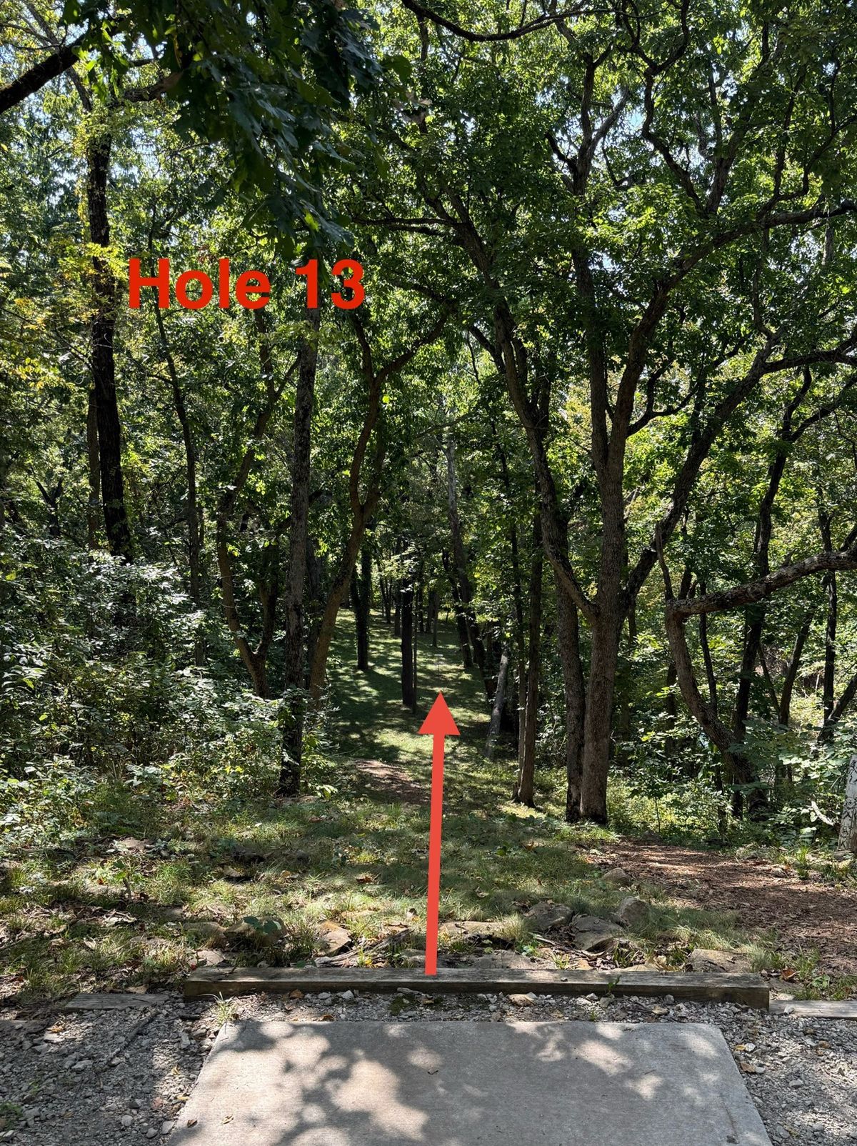 Hole 13 very steep downhill shot with low ceiling from tee, creekbed far right and long