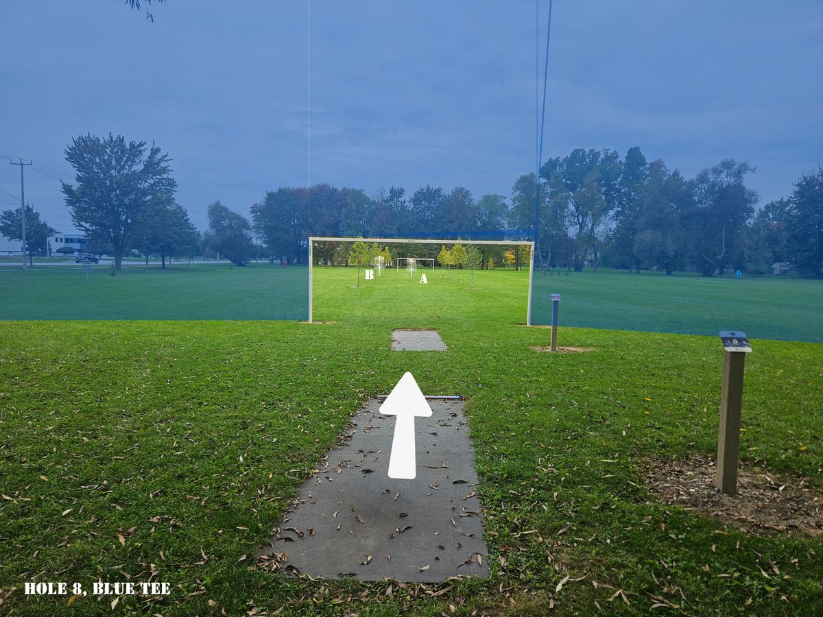 Hole 8 Blue Tee, both soccer nets act at triple Mandos if firts Mando is missed re-tee at Red Tee, if second Mando is missed go to drop zone. If second Mando is missed again shoot from middle of the triple Mando.