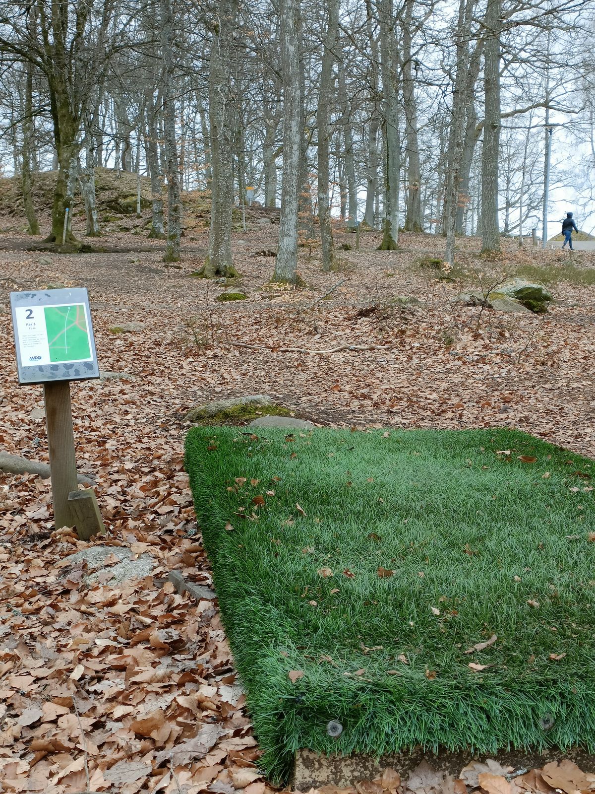 Hål 2. Ny discgolfpark korg och teepad.