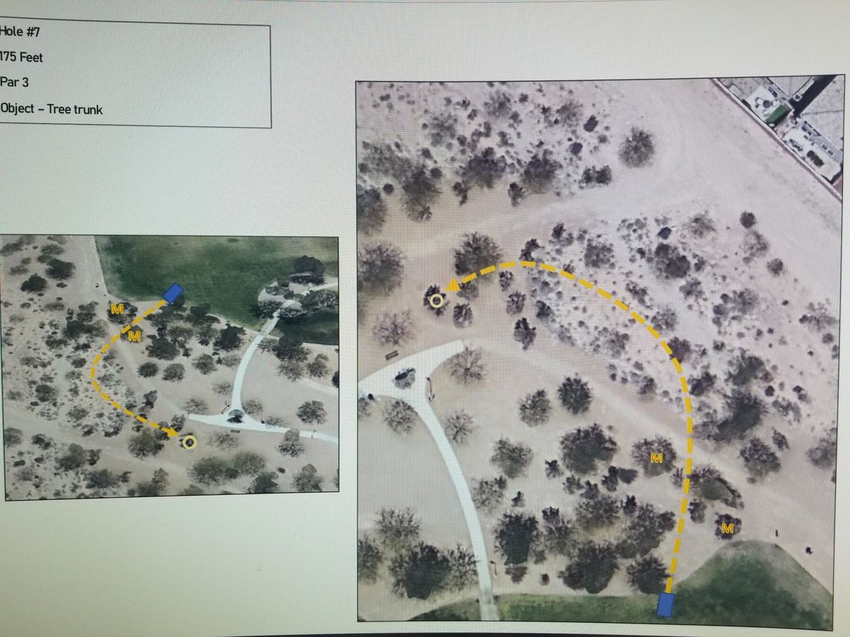 Hole 7 plays from the edge of the field near a pile of rocks. Mando forces you right over the walk path before swinging left to the bench.