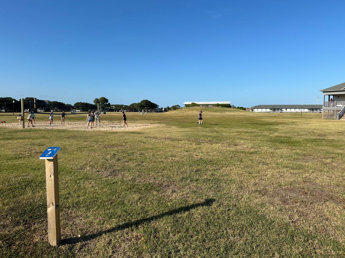 Hole 2 tee.  (May need to play around volleyball court.)