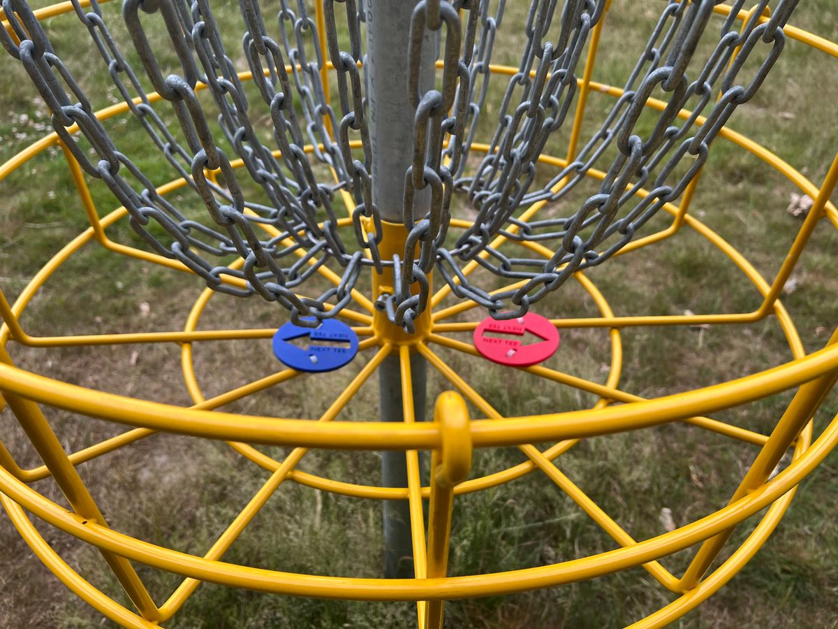 Plaques indicating next tee for each of the courses.
