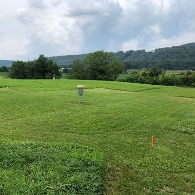Hole 9 island green - mowed grass within orange stakes; white stakes mark drop zone