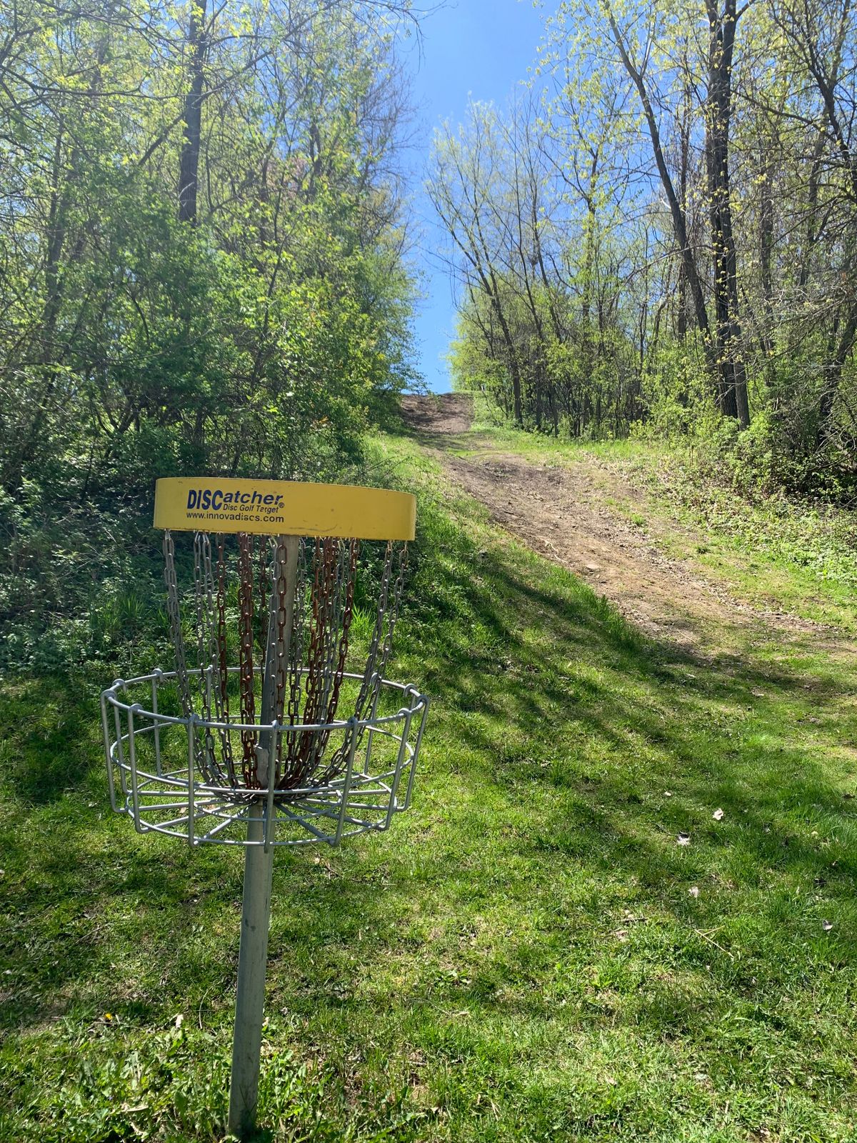 View of hole 2 looking back towards teepad. Downhill throw to the basket.