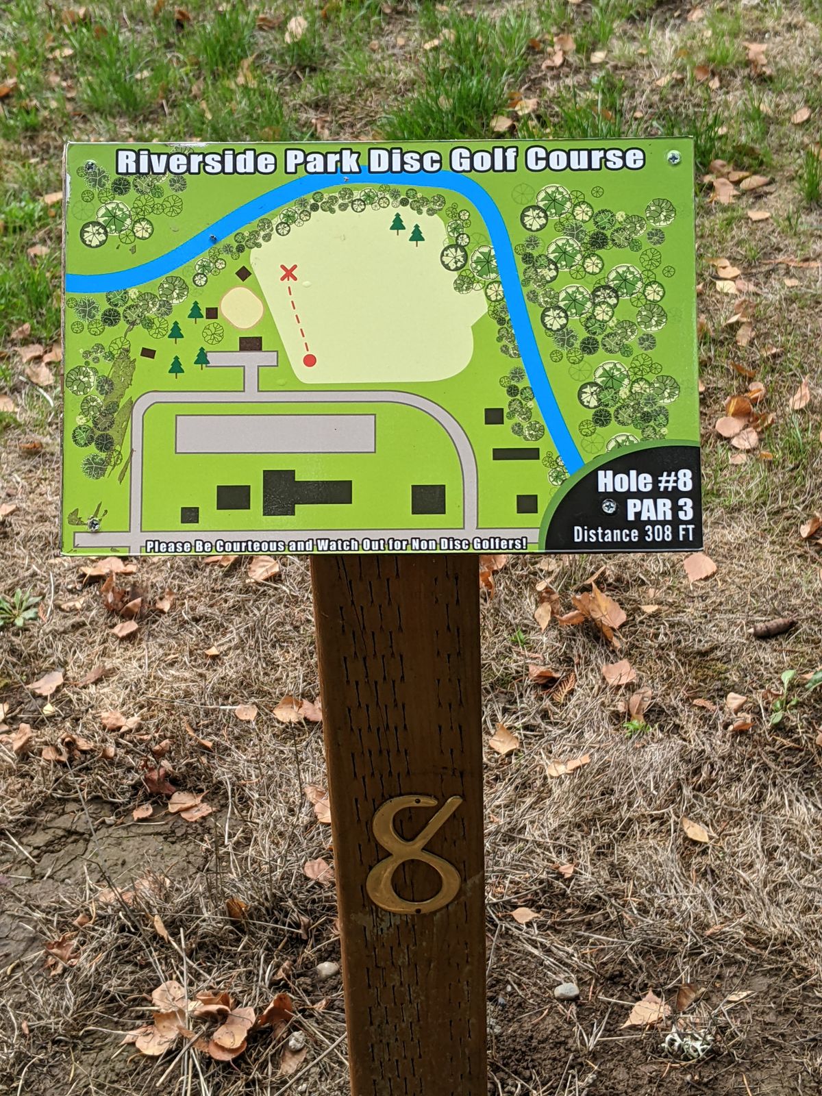 Beware playground to the R and multi use ballfield to the L.  Basket is near parking lot past waling path (OB)

Am: playground areas are double stroke penalty.
Pro: playground double stroke, fully on path OB