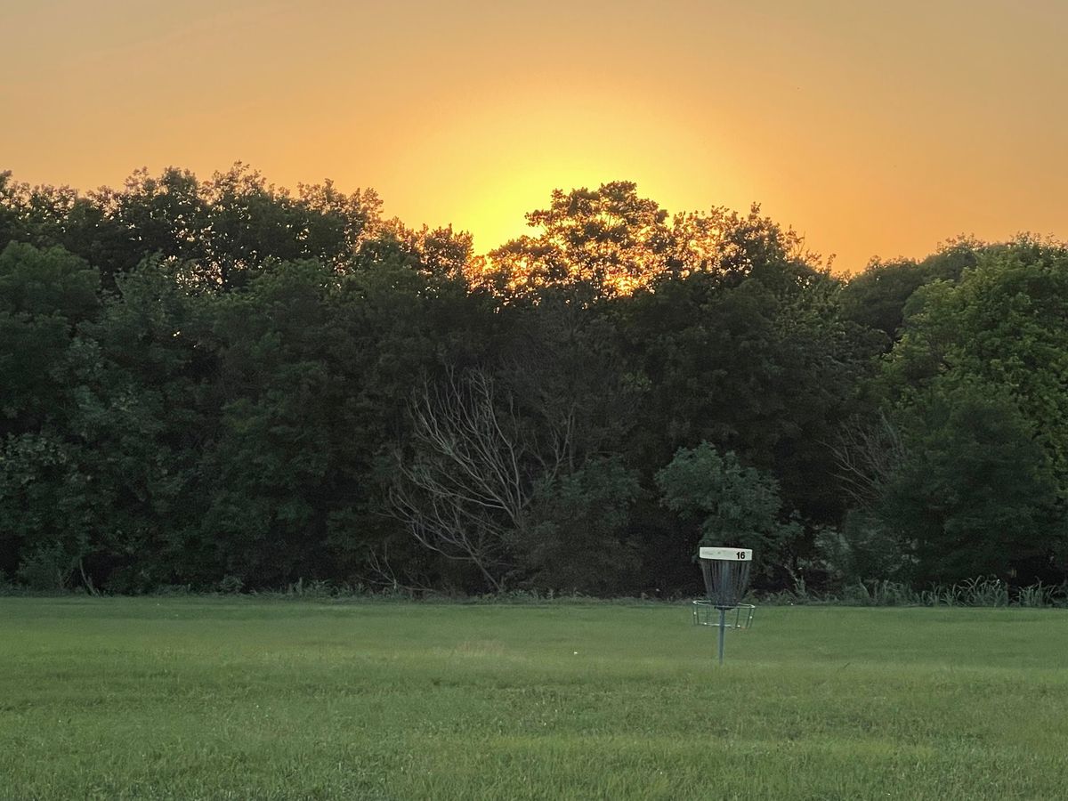 Sunset from 18 tee box overlooking basket 16.