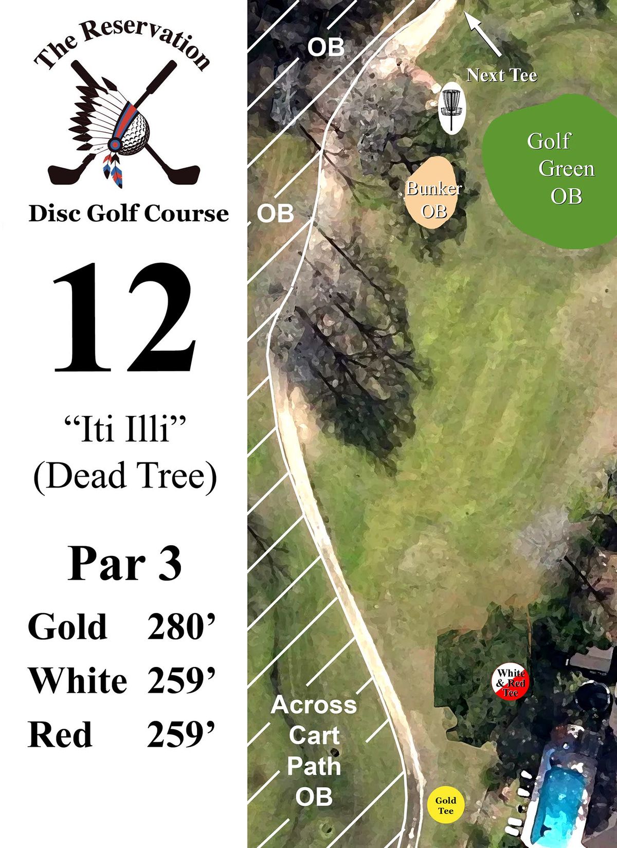 A short par 3 with a small landing area guarded by OB on three sides.