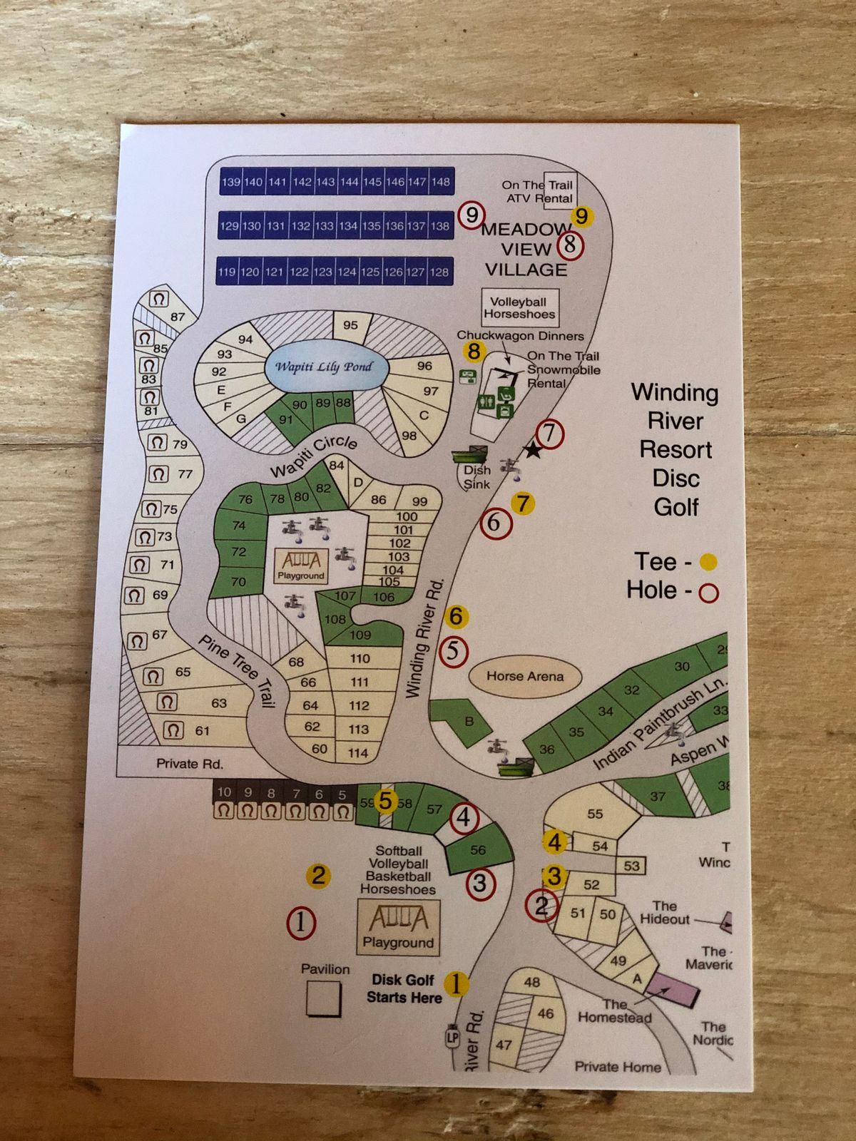 Scorecard/Map from the front office. As of 9/2020, tee area and baskets for 4&5 were not as marked