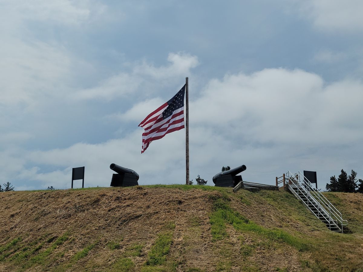 A look back at the guns and earthworks fort between holes 1 and 2.
