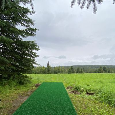Hole 9 tee pad, basket down at bottom of hill inside trail bordering tree line.