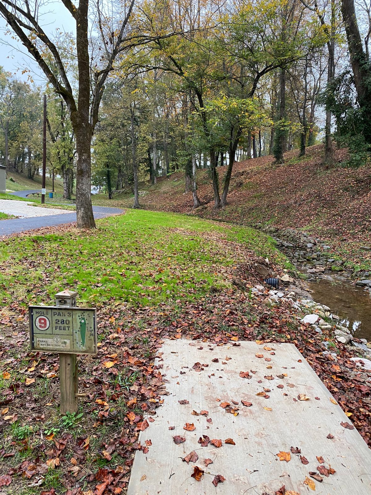 Hole 9. One of the harder holes. 280ft+/- up hill shot. Basket is uphill behind center trees