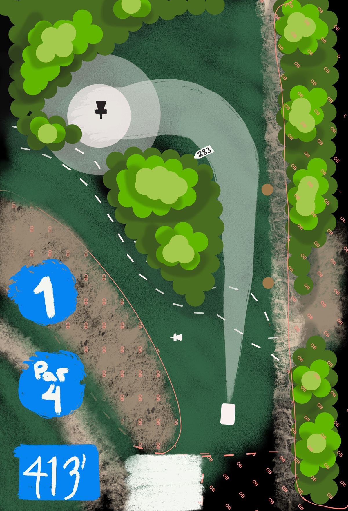 Plays longer due to uphill. OB is right side tree line.