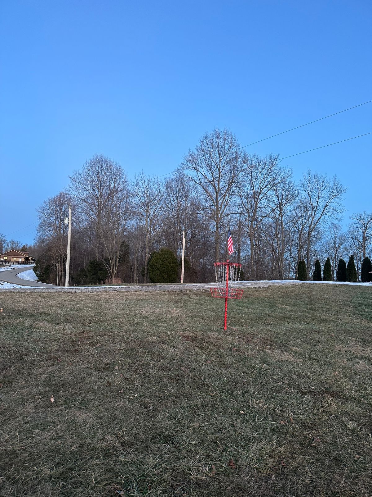 Hole 16 basket, road and beyond is OB.