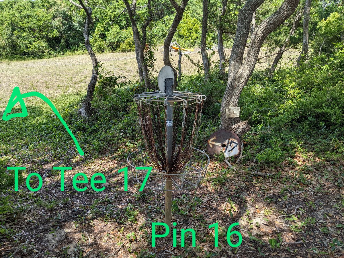 UDisc had the wrong location for tee 17. It's just outside of the woods on the left side. There's a stone marker on the ground.