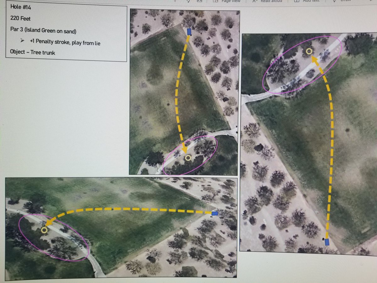 Hole 14 is OPTIONAL and plays into same object as hole 1. Don't play is field is in use. Throw from garbage can into island green.