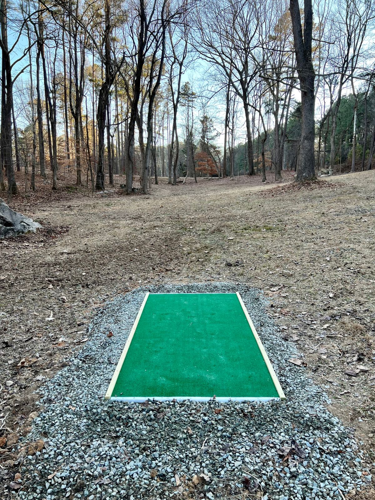 Tee box for hole 9.  The hole is a dogleg left with a 40’ elevation increase.