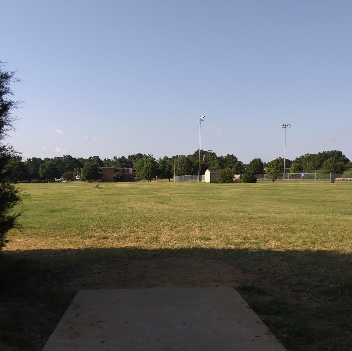 Whole 14 is wide open except for the OB ball field on the right which is now a dog park. If OB, don't let the dogs eat your disc.