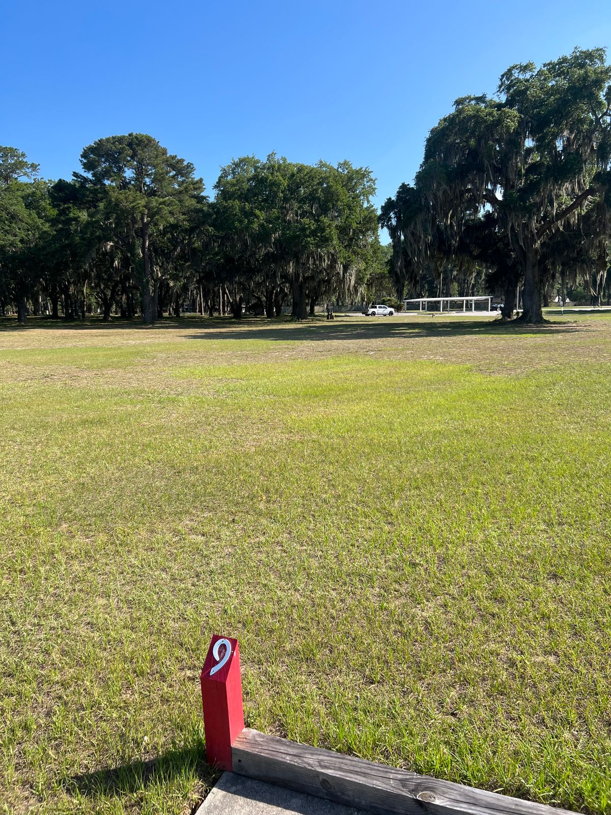 Red 9 tee, basket sits slight left.