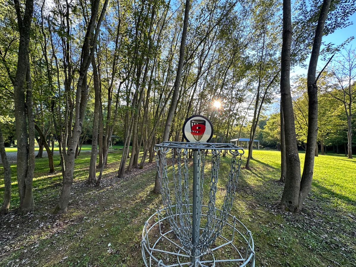 Hole 9 basket in the evening.