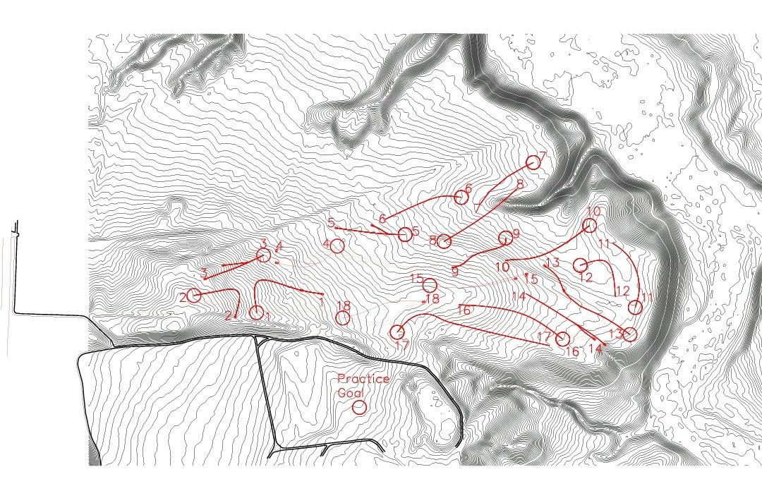 Proposed full 18 hole course over existing conditions topography. Showcasing Ridgeline and slope areas.