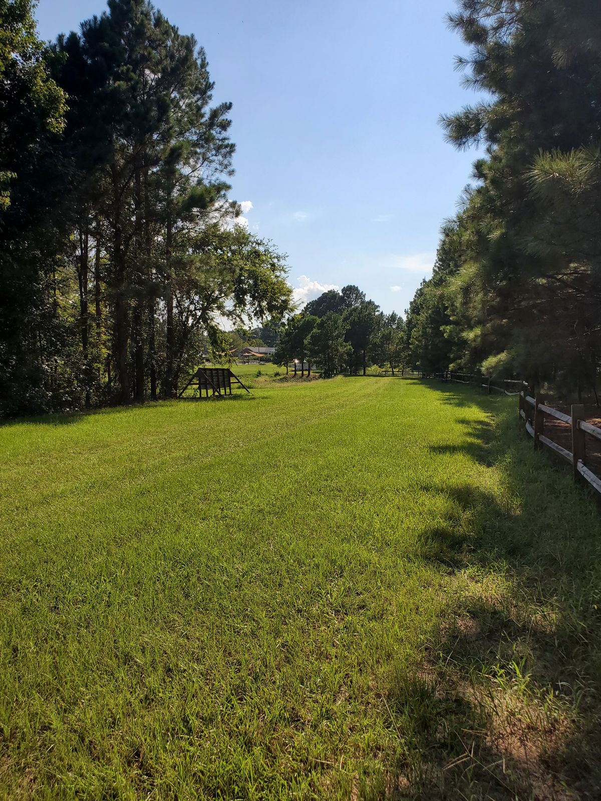 Looking back toward the 360ft Par 3, 2nd hole. Ob fence and woods theentire length of the hole.