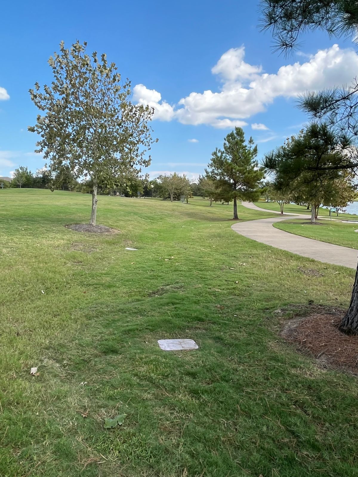 Hole #9 tee box is utility box by the corner of the basketball court. Sidewalk is OB.