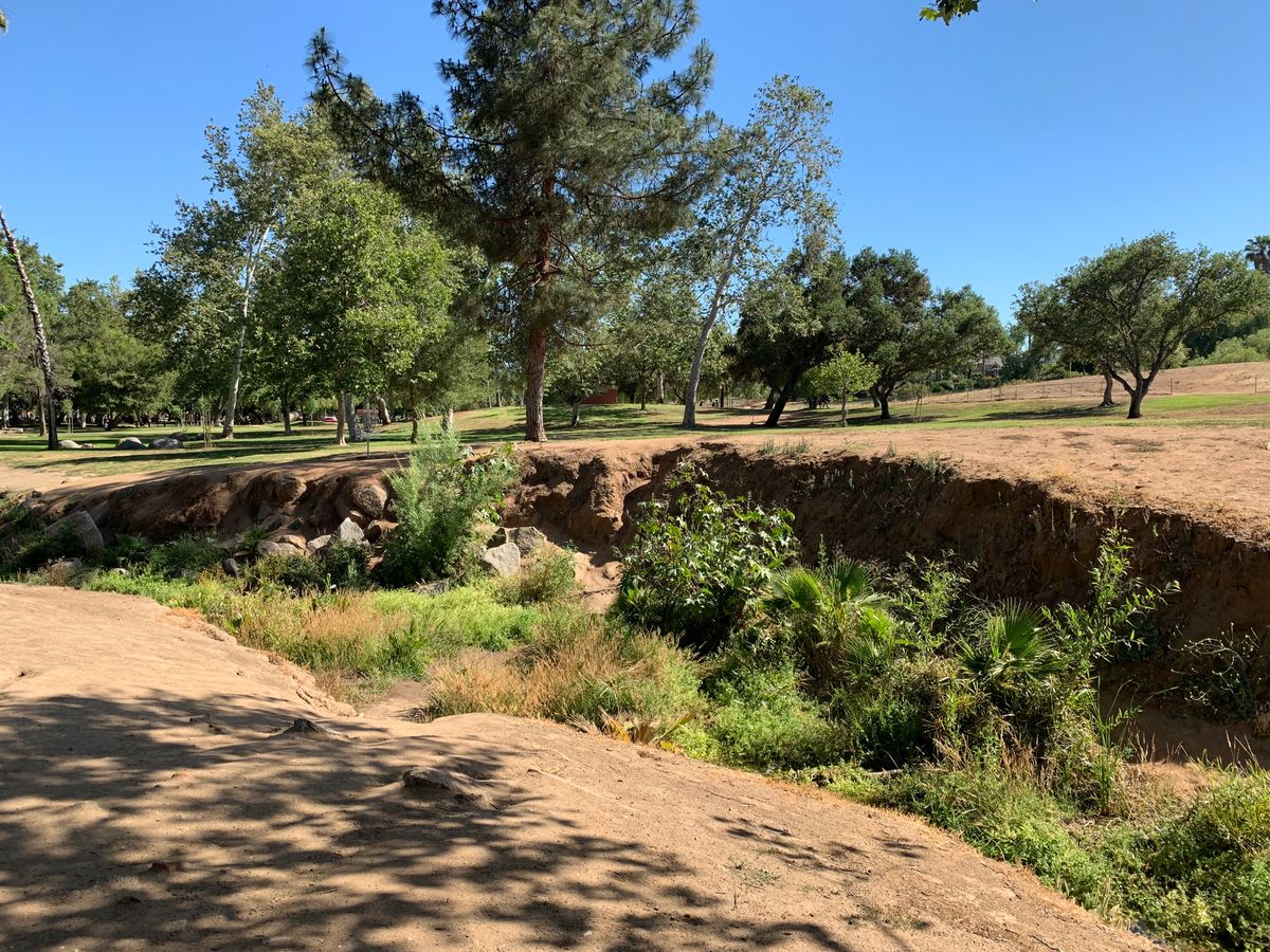 Hole 10 tee with the basket slight right. To the left is hole 9’s basket.