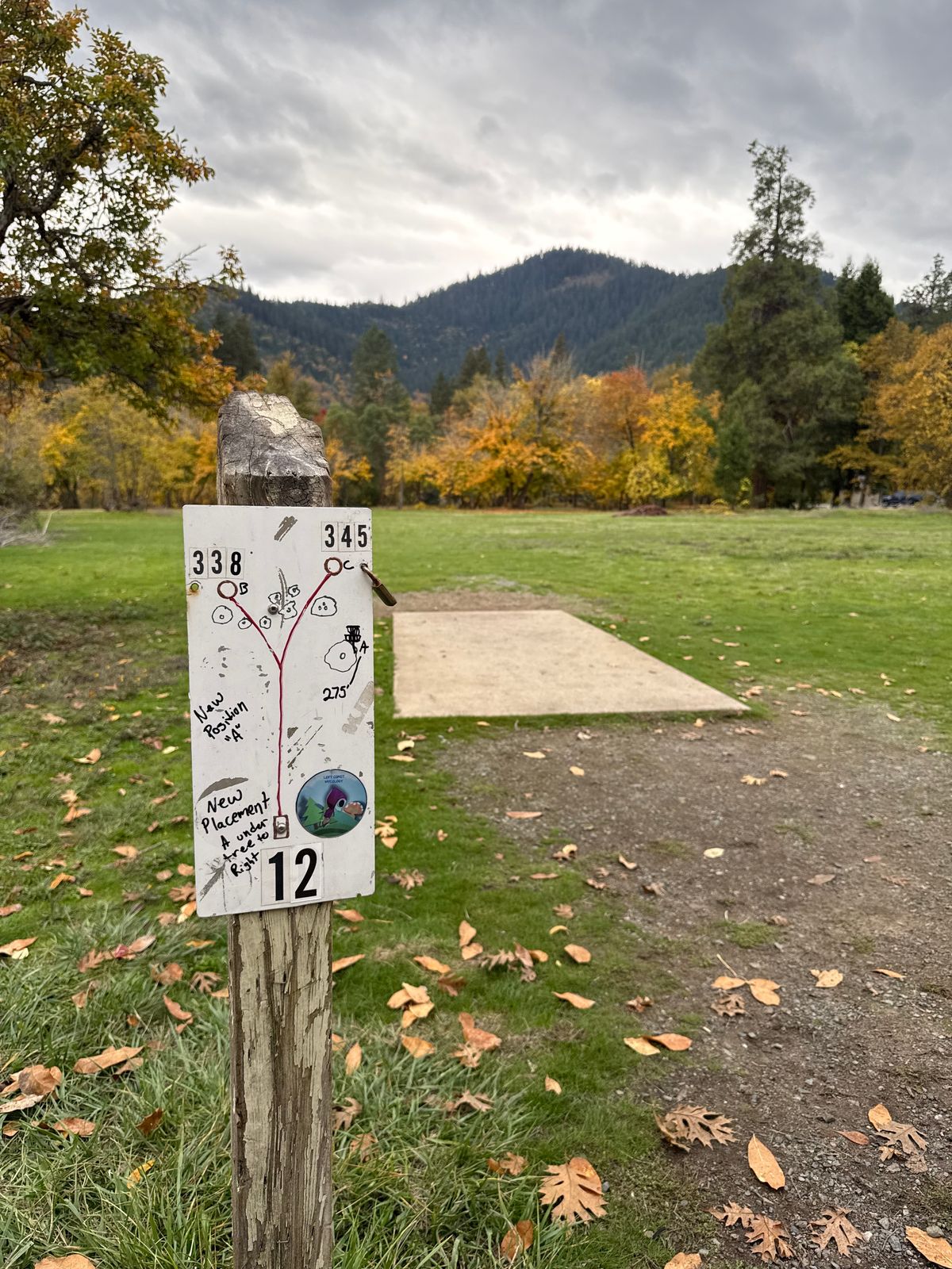 Hole 12 new basket location behind group of trees to the right 275’ from the Tee pad.