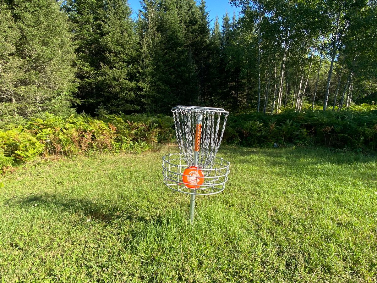 Basket on 1. Lots of thick rough off the fairway to the left and behind the basket.