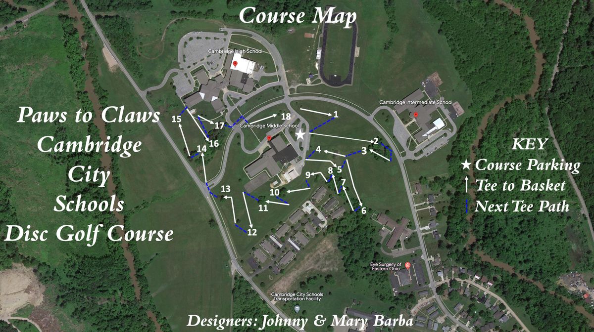 Map of the World Famous Paws to Claws Cambridge City Schools Disc Golf Course