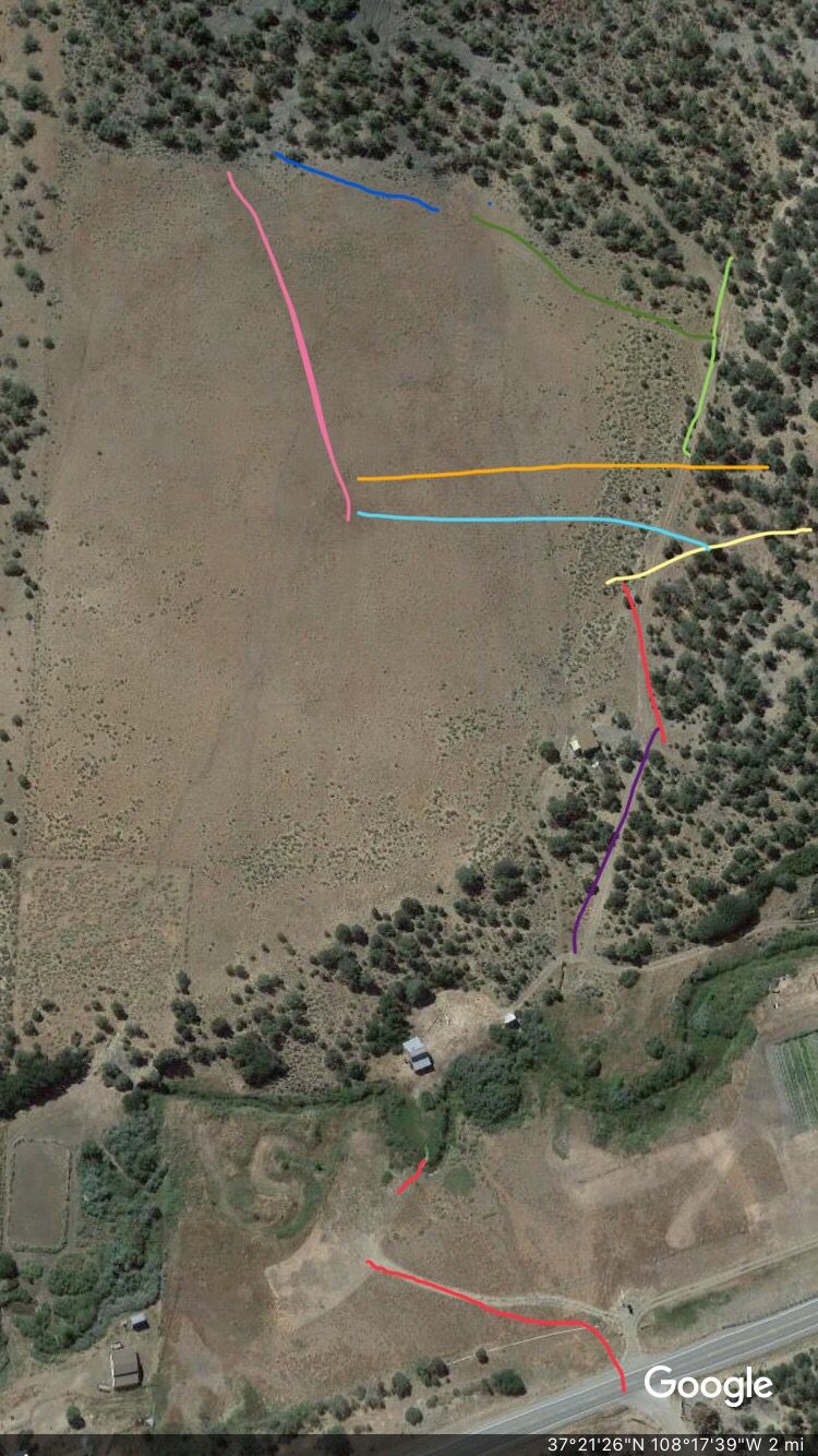 course layout with entrance and parking. Purple line is hole 1