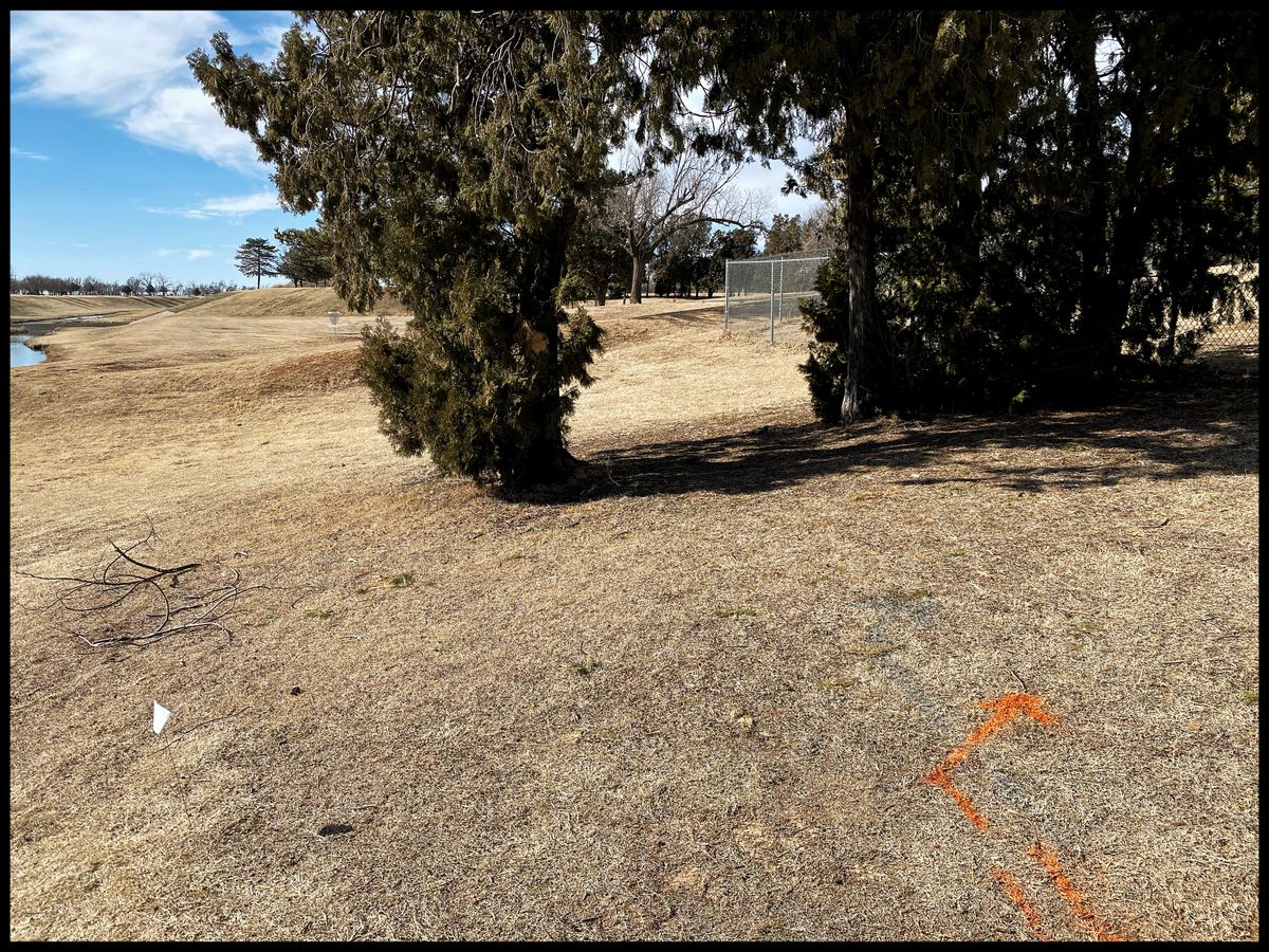 #11 Tee throwing (northwesterly) around fence corner to the basket off to the right