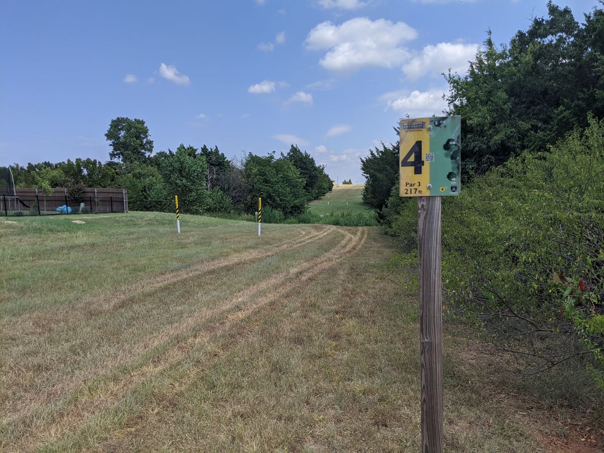 Creek ahead with tall, disc smothering grass, treeline on the right very thick and brambly. Hole is bout 260 down & to the right past trees