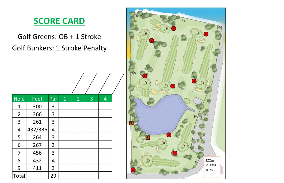 Scorecard for disc golf days.   Beginner tees also available on 4/24.