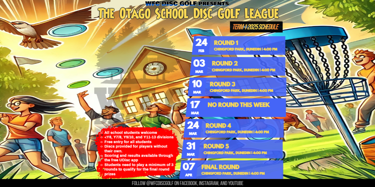 Otago School Disc Golf League - WFC - OTAGO SCHOOL DISC GOLF LEAGUE - Term 1, 2025 - Presented by WFC Disc Golf.