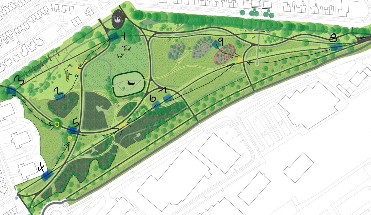 Course Map - OOB on Holes 8 (walking path to the right by playground) & 9 (fenced area between tee and basket - Drop zone at pathway leading out of area on basket side.)