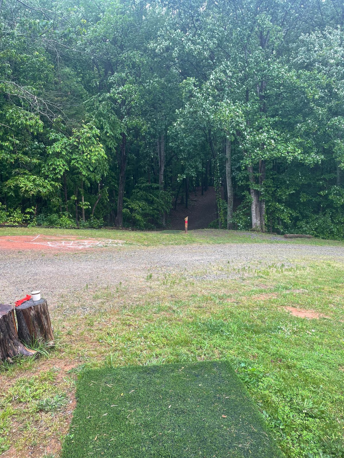 1st white tee, tight left to right line, a must hit gap into the woods for par.
