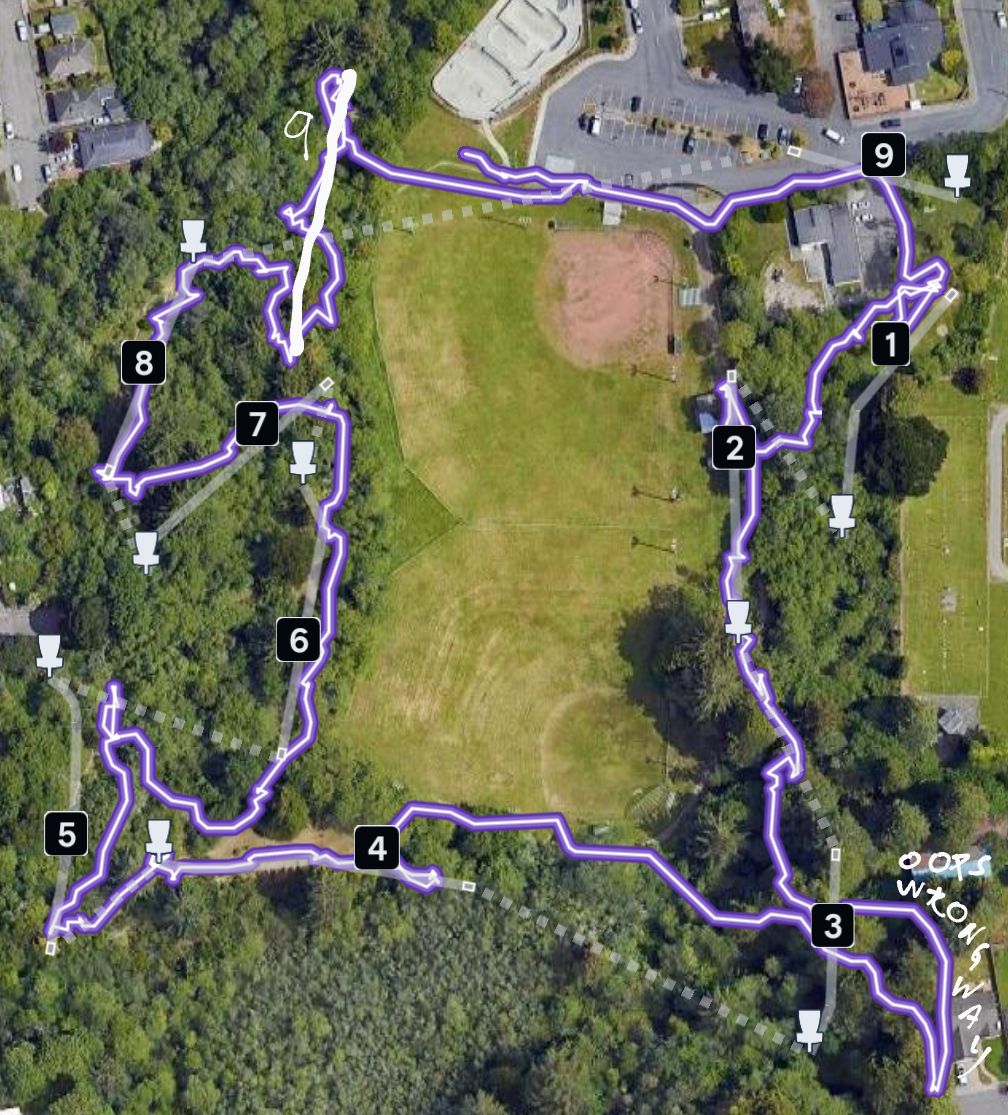 Map of our course play where I show the approximate new hole 9 location . We went the wrong way from the 3 basket, but UDisced our way around to finally find the 4 tee.