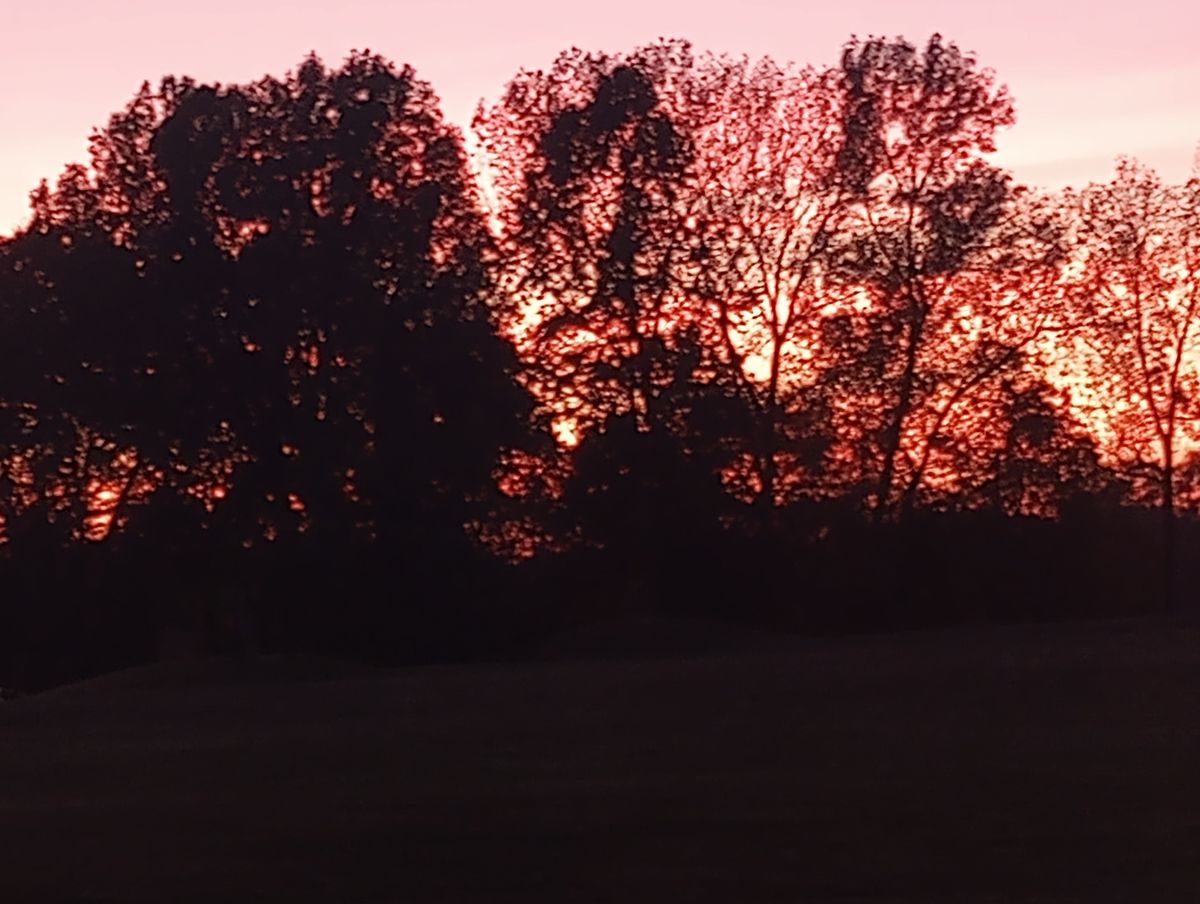 Hole 11, blazing sunset with river beyond trees.