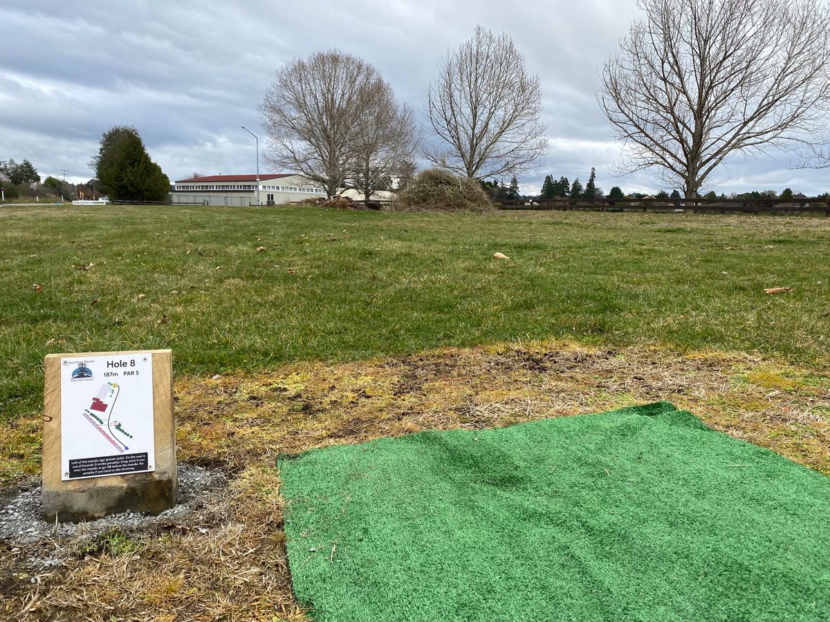 Tee pad 8, looking up the fairway towards the mando and basket.