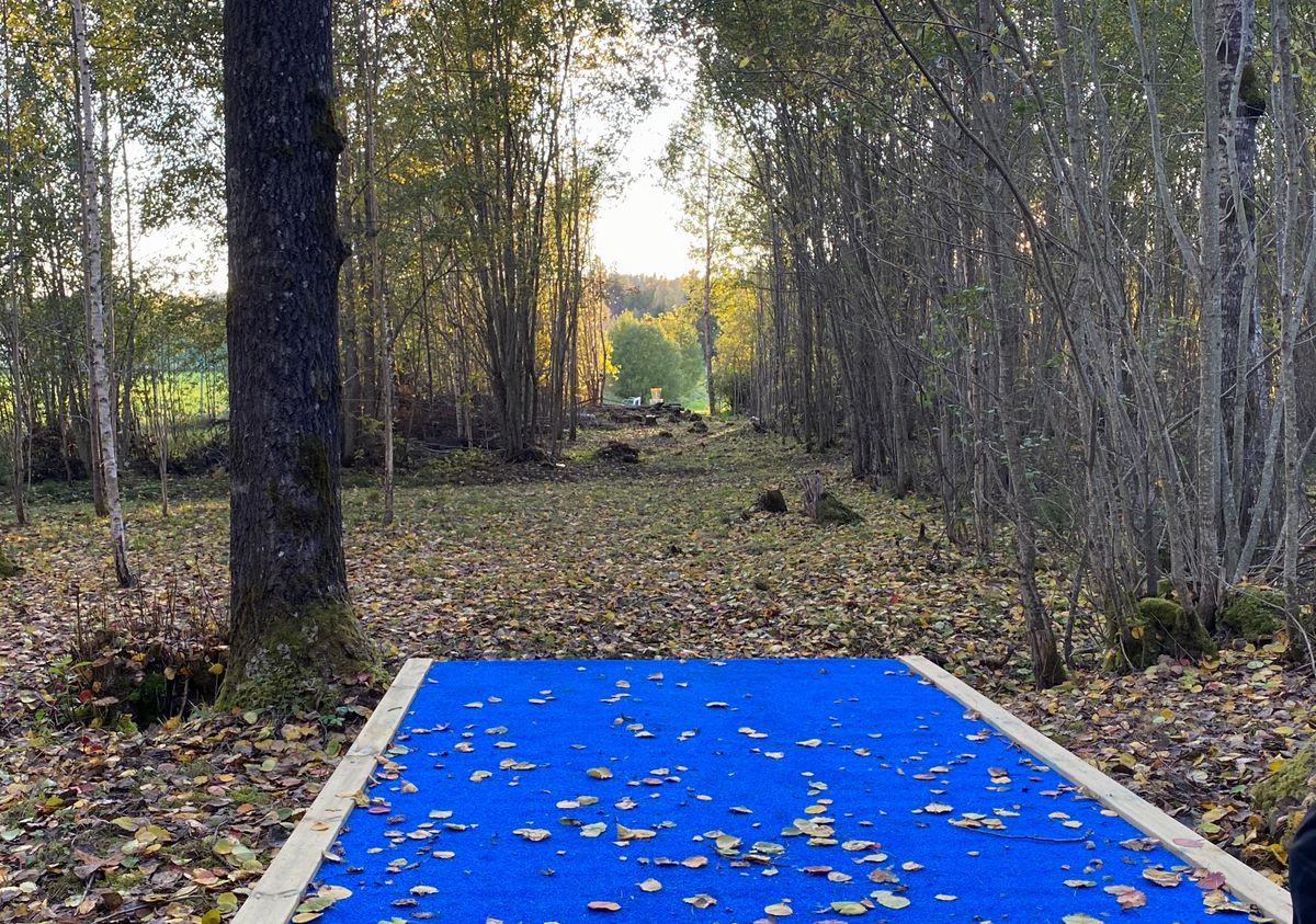 Hål 17. Par 3.
Spikrak korridor med en slänt bakom korg. Gå inte lång här.