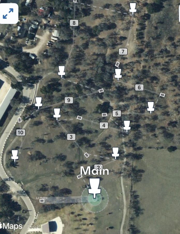 Course layout. Tee boxes, look for yellow flags and flagstone markers.